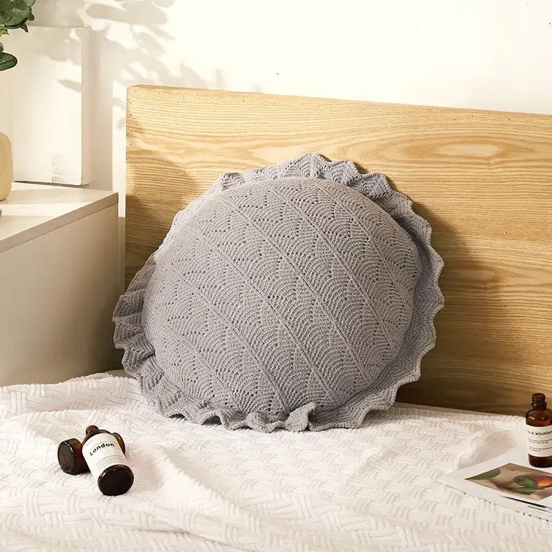Gray crocheted circular pillow with scalloped edge and lace pattern for home decor and decorbites 3d flowers pillows