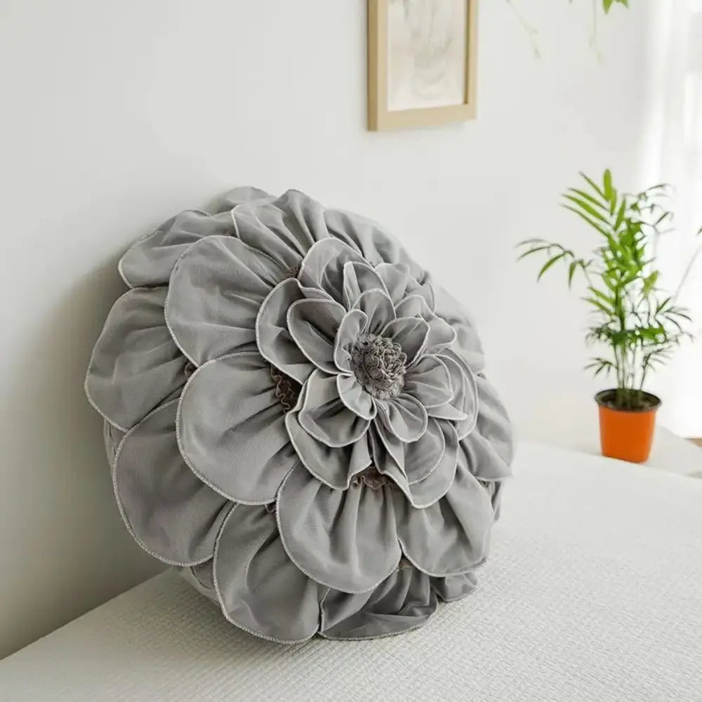 A plush gray velvet flower-shaped decorative pillow with layered petals for home decor and decorbites 3d flowers pillows