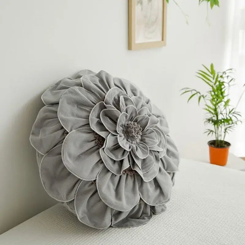 A plush gray velvet home decor cushion shaped like a layered flower with ruffled petals for decorbites 3d flowers pillows