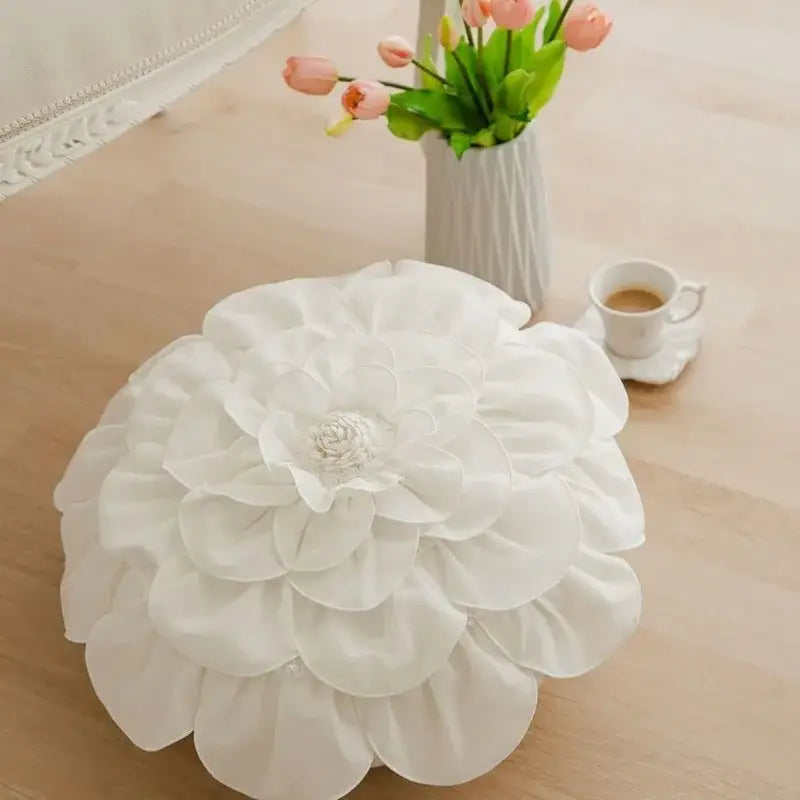 Plush white multi-layered fabric flowers pillows with ruffled petals and central embellishment for home decor by decorbites 3d flowers