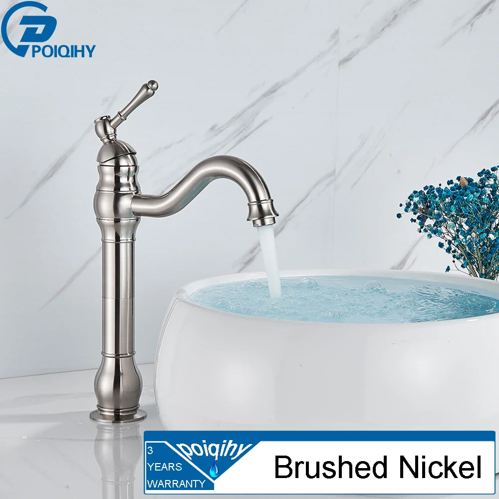 Brushed nickel single hole deck mounted bathroom faucet with curved spout and decorative handle housing material metal