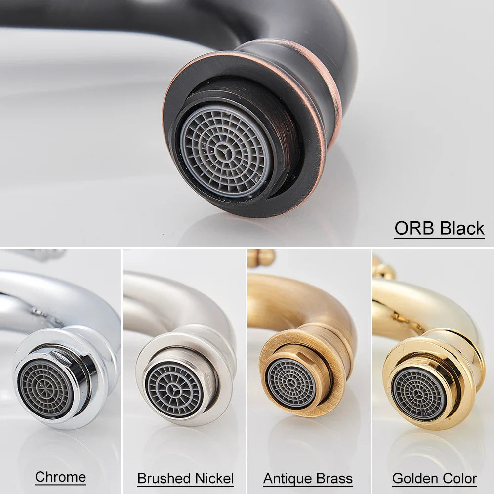POIQIHY deck mounted single hole basin faucet with matte black and copper finish housing material for bathroom use