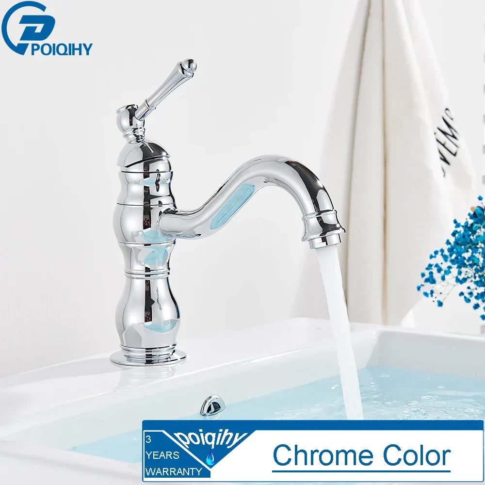 Chrome finished poiqihy deck mounted single hole bathroom faucet with classic curved spout and ornate housing material design