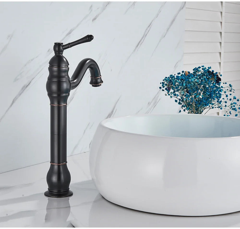 Black matte single hole deck mounted basin vessel sink faucet with copper accents and antique brass housing material