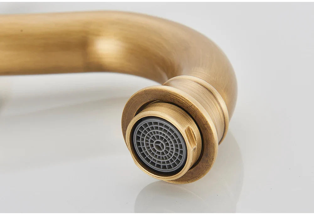 Brass-finished antique brass basin vessel sink faucet deck mounted single hole with curved design and circular spray head