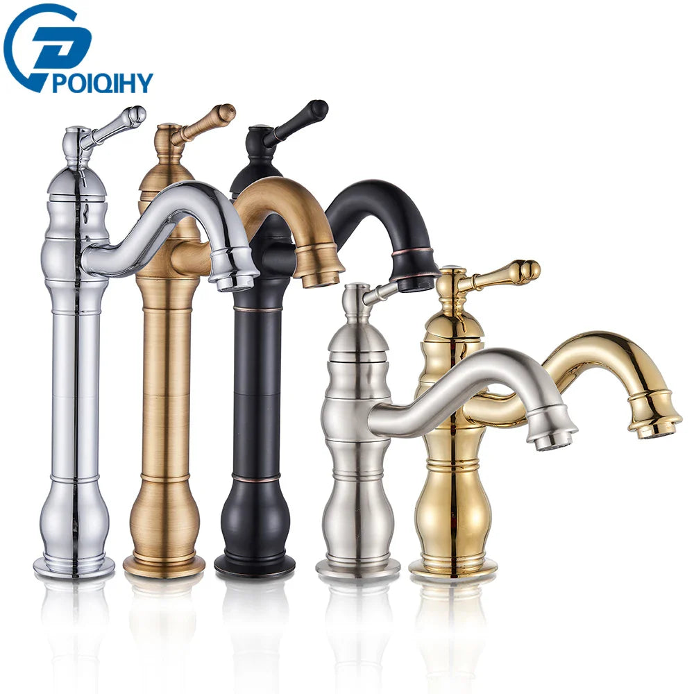 A deck mounted poiqihy antique brass basin vessel sink faucet with single hole and ornate vintage chrome gold black finishes
