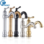 A deck mounted poiqihy antique brass basin vessel sink faucet with single hole and ornate vintage chrome gold black finishes