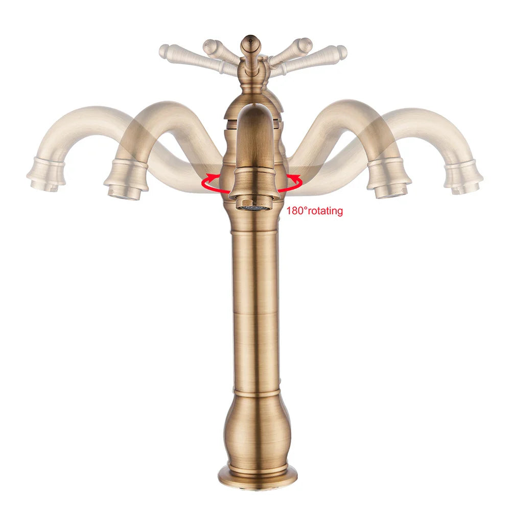 Antique brass deck mounted single hole kitchen faucet with four arms and classic cross-handle design housing material brass