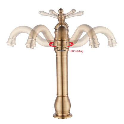 Antique brass deck mounted single hole kitchen faucet with four arms and classic cross-handle design housing material brass