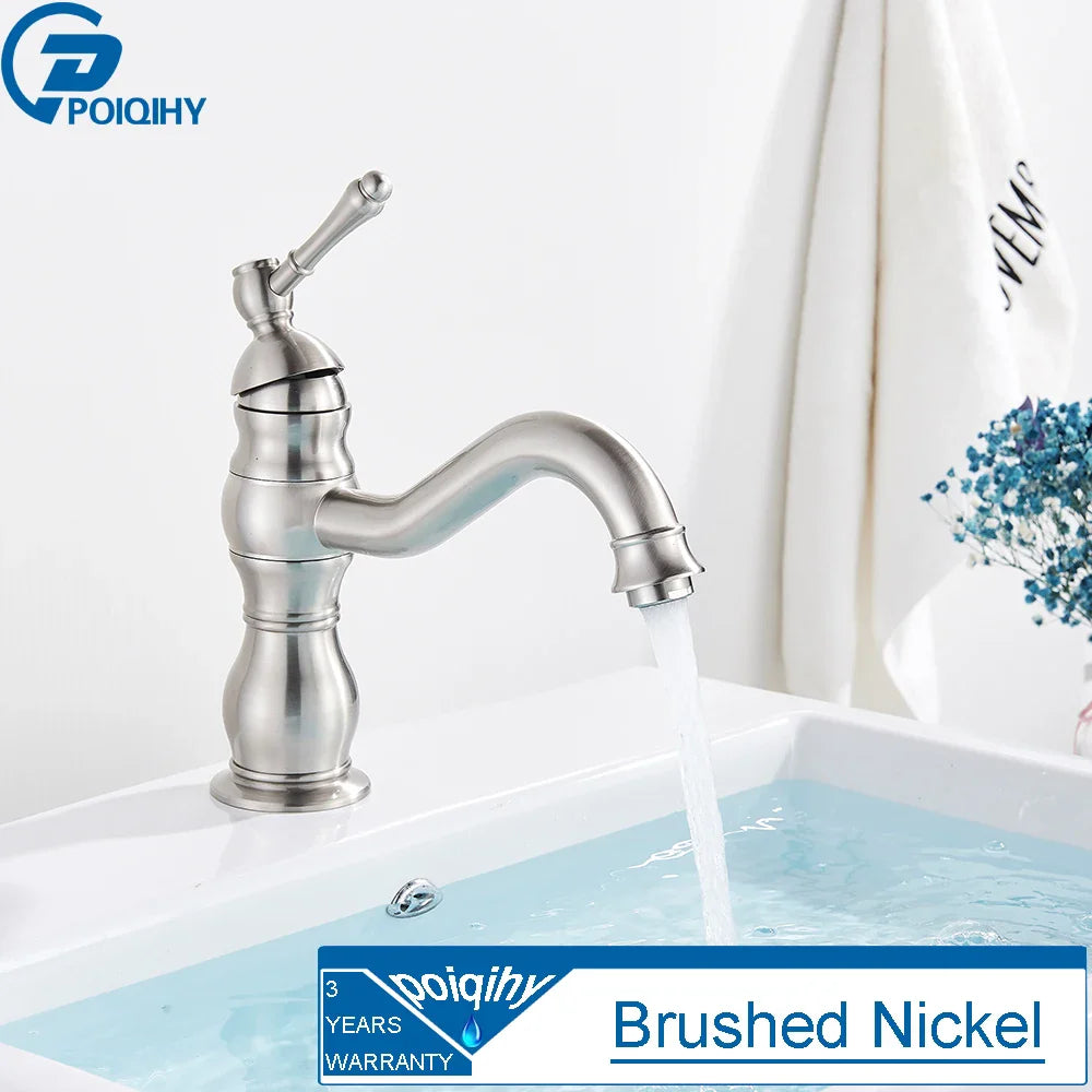 Brushed nickel single hole deck mounted bathroom faucet with curved spout and decorative segmented housing material