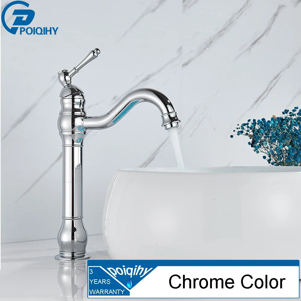 Chrome finished poiqihy single handle deck mounted bathroom faucet with classic curved spout for single hole installation