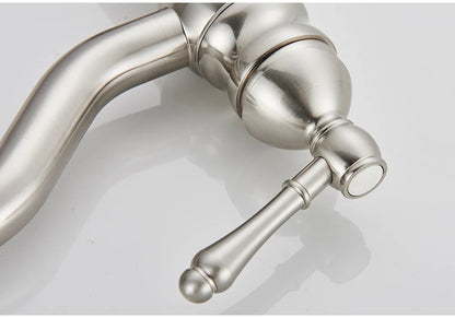 Stainless steel deck mounted single hole kitchen faucet with polished curved spout and ornate handle design housing material