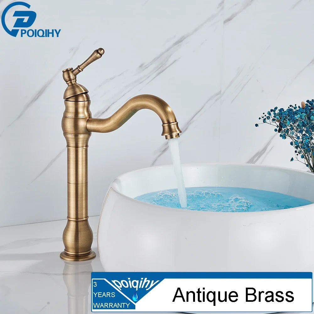 Antique brass deck mounted single hole bathroom faucet with a curved spout and durable brass housing material