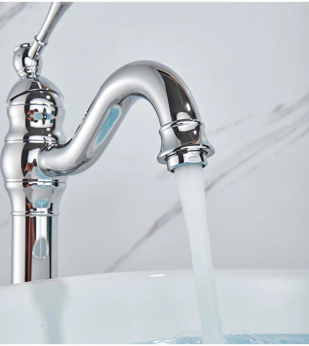 Chrome finished vintage style bathroom faucet with curved spout ornate handle single hole deck mounted housing material