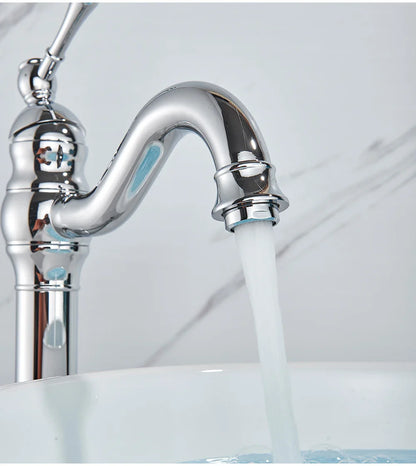Chrome finished vintage style bathroom faucet with curved spout ornate handle single hole deck mounted housing material