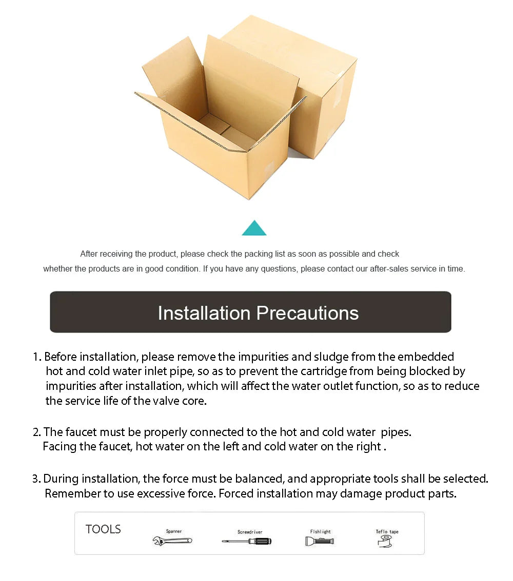 Empty brown cardboard box with flaps open for deck mounted antique brass single hole basin vessel sink faucet housing material packaging