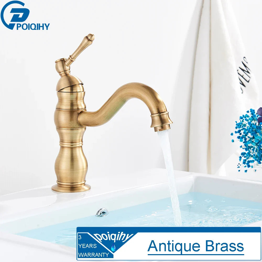 Antique brass single hole deck mounted bathroom faucet with ornate design and curved spout made of brass housing material