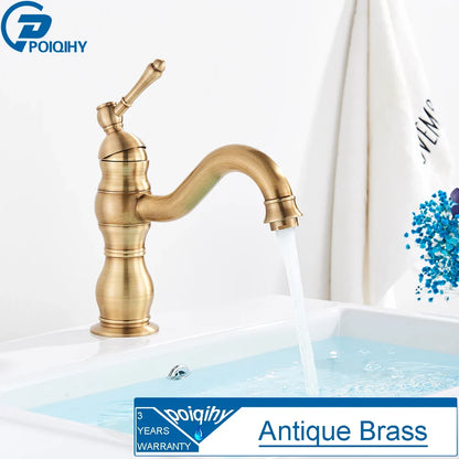 Antique brass single hole deck mounted bathroom faucet with ornate design and curved spout made of brass housing material