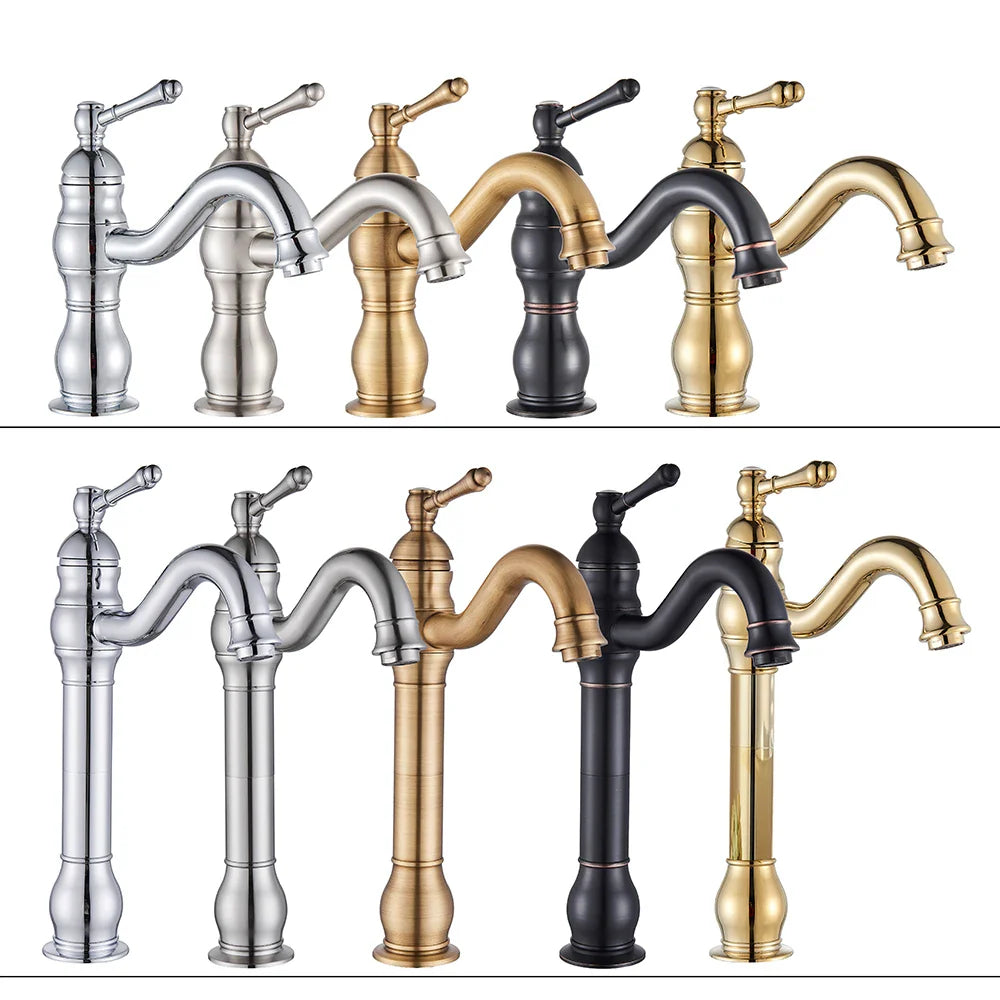 Vintage-style deck mounted single hole kitchen faucets in chrome gold and black finishes with classic lever handles and durable housing material