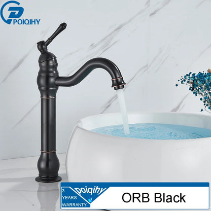 Poiqihy deck mounted single hole antique brass basin vessel sink faucet with orb black finish and curved spout