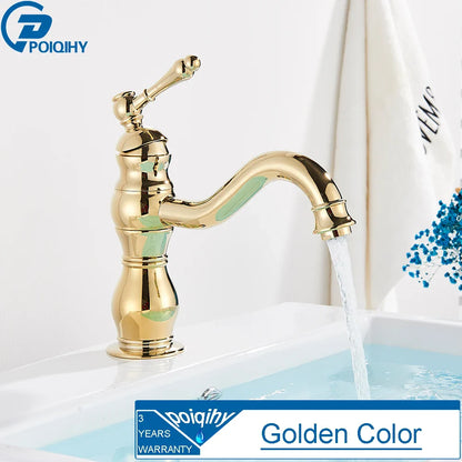 Golden brass-finished antique brass single hole deck mounted bathroom faucet with curved spout and vintage design housing material