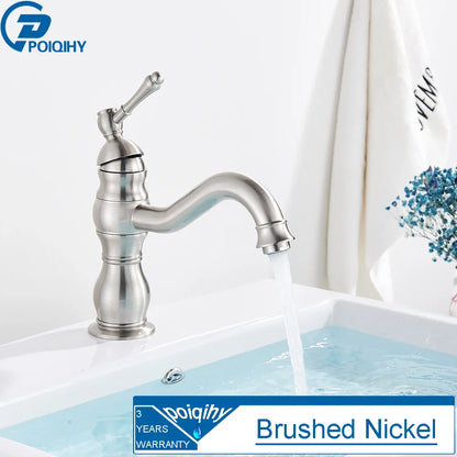 Brushed nickel single-handle deck mounted bathroom faucet with curved spout and decorative segmented housing material