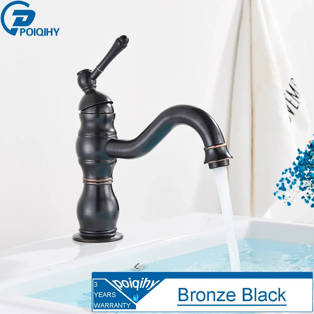 Bronze black deck mounted bathroom faucet with single hole installation and ornate handle in antique brass housing material