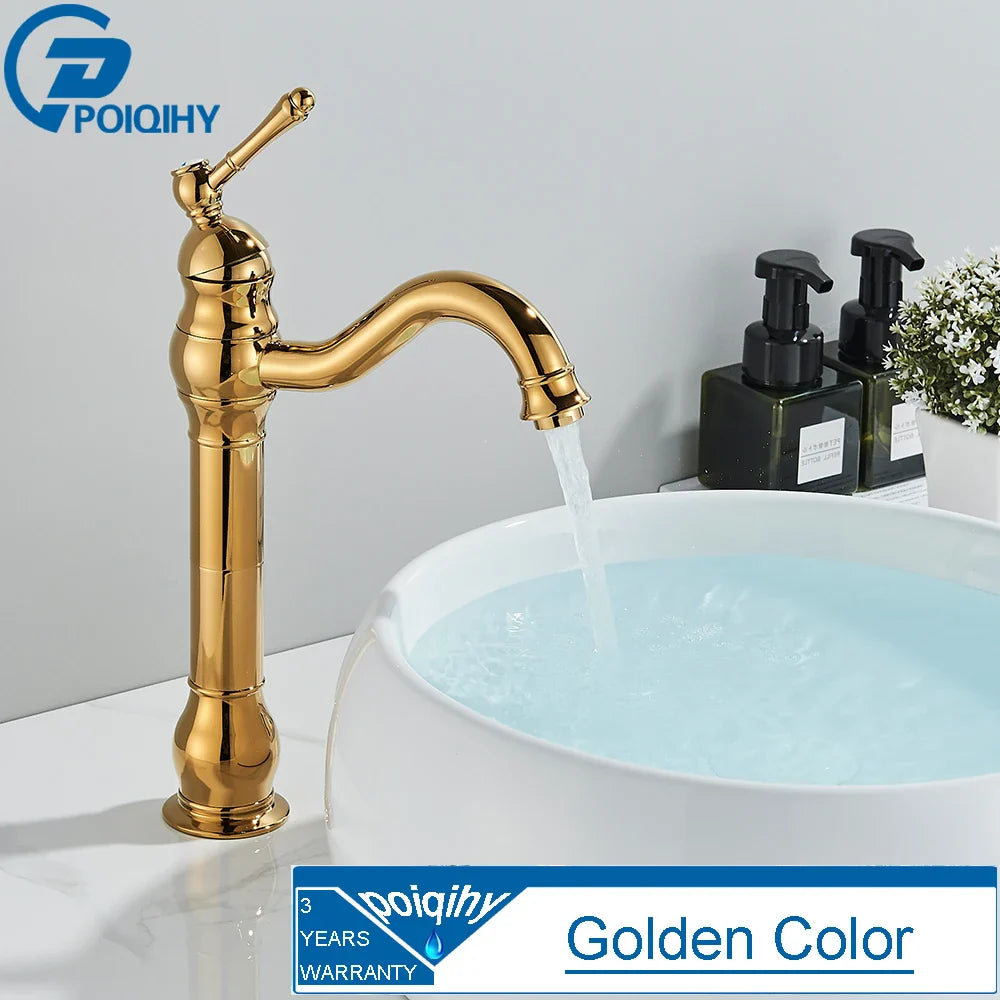 Golden brass finished single hole deck mounted antique brass basin vessel sink faucet with curved spout and vintage design
