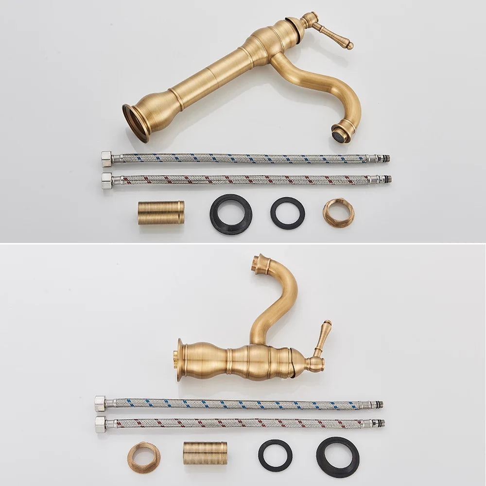 Poiqihy antique brass deck mounted single hole basin vessel sink faucet with curved spout and flexible hoses housing material brass
