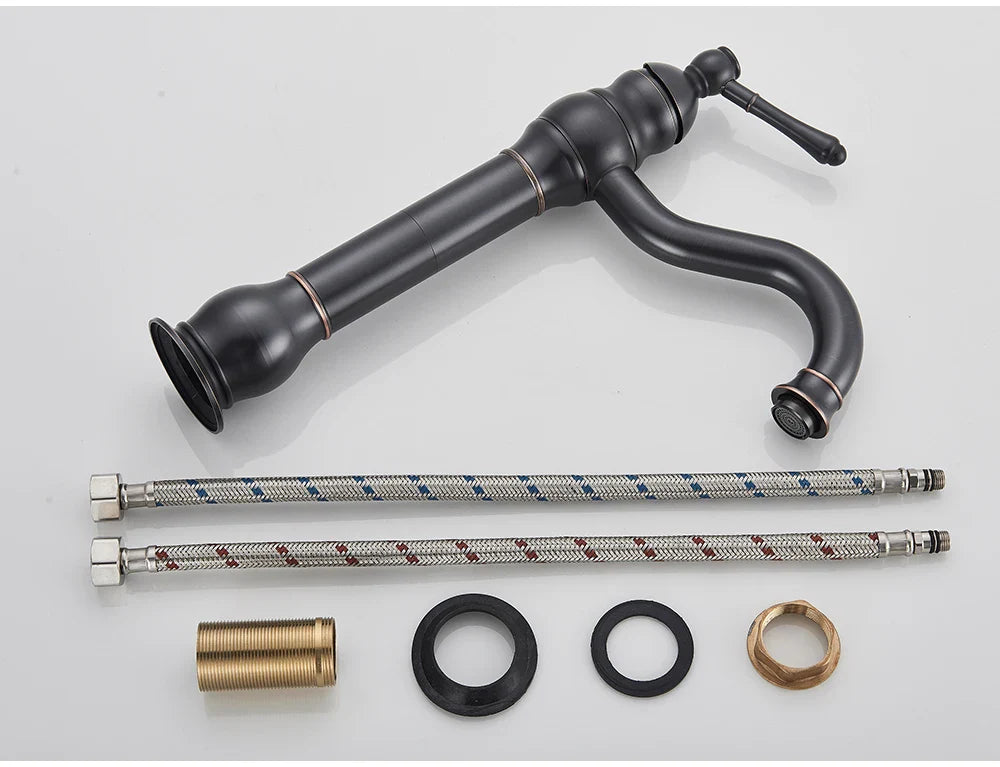 Black matte finish single hole deck mounted bathroom faucet with braided metal hoses and brass housing material fittings