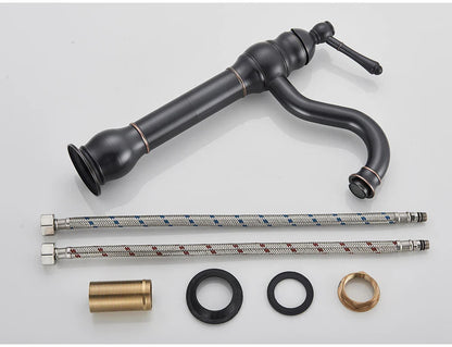 Black matte finish single hole deck mounted bathroom faucet with braided metal hoses and brass housing material fittings