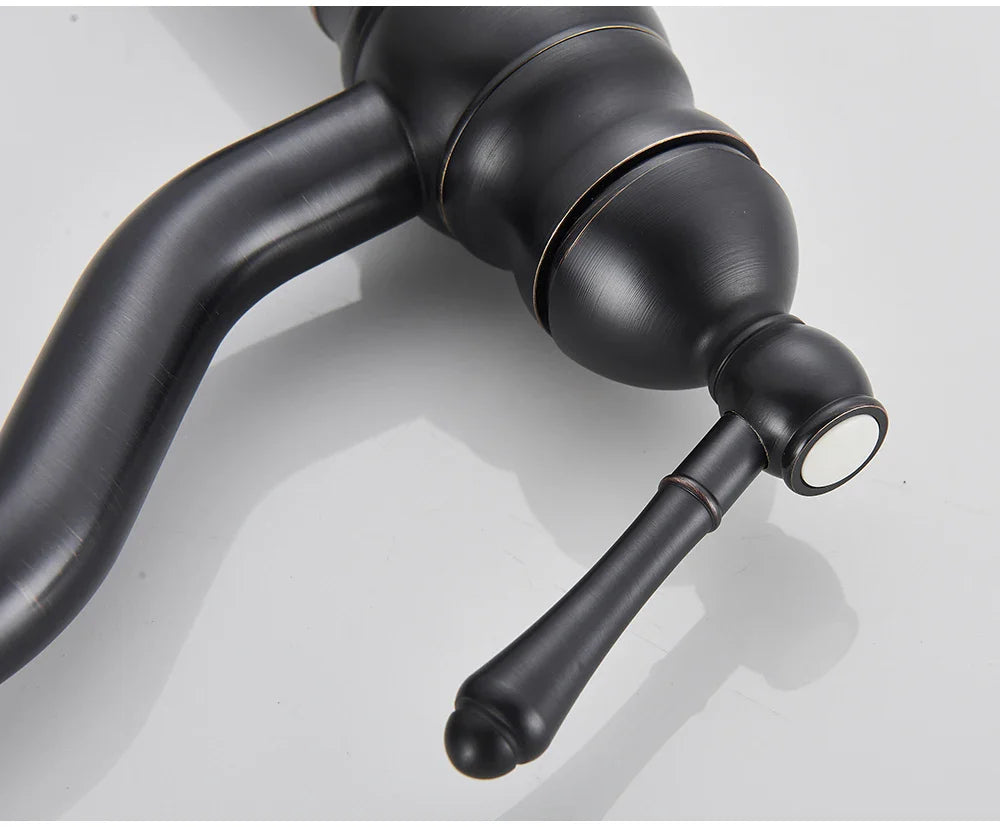 Black matte deck mounted single hole kitchen faucet with white ceramic knob and durable housing material