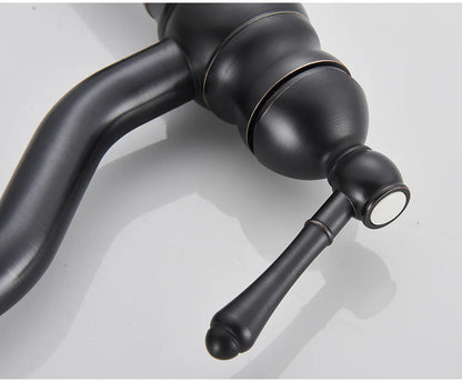 Black matte deck mounted single hole kitchen faucet with white ceramic knob and durable housing material