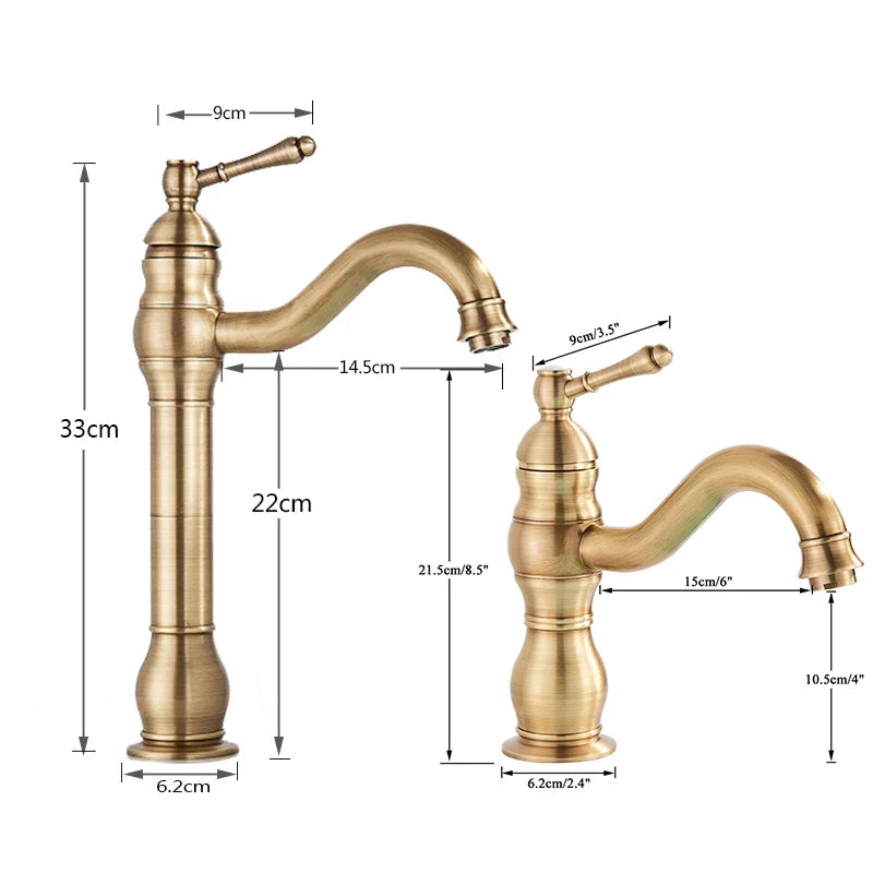 Antique brass deck mounted single hole basin vessel sink faucet with ornate design and curved spout housing material metal