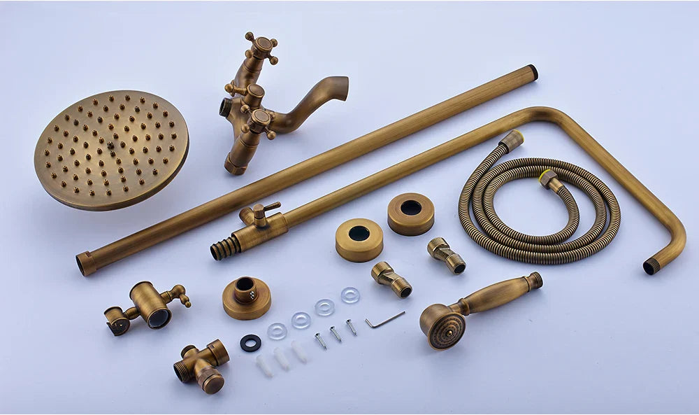 Brass-finished vintage-style poiqihy shower set with round rainhead handheld sprayer and sliding bar for bathroom use