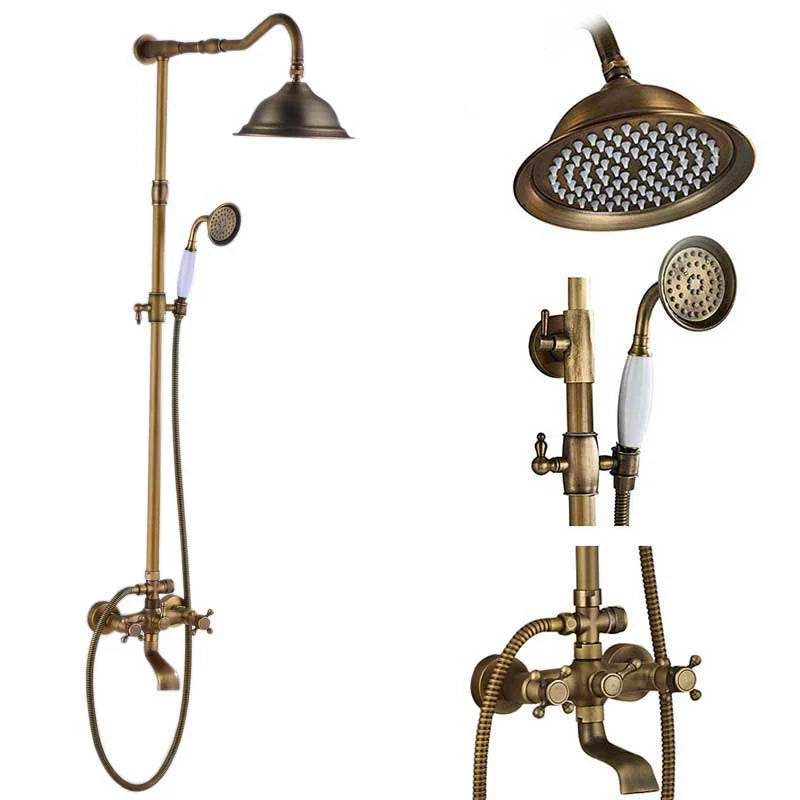 Antique brass-finished POIQIHY shower system with wall-mounted rainhead handheld spray with white ceramic handle and valve assembly
