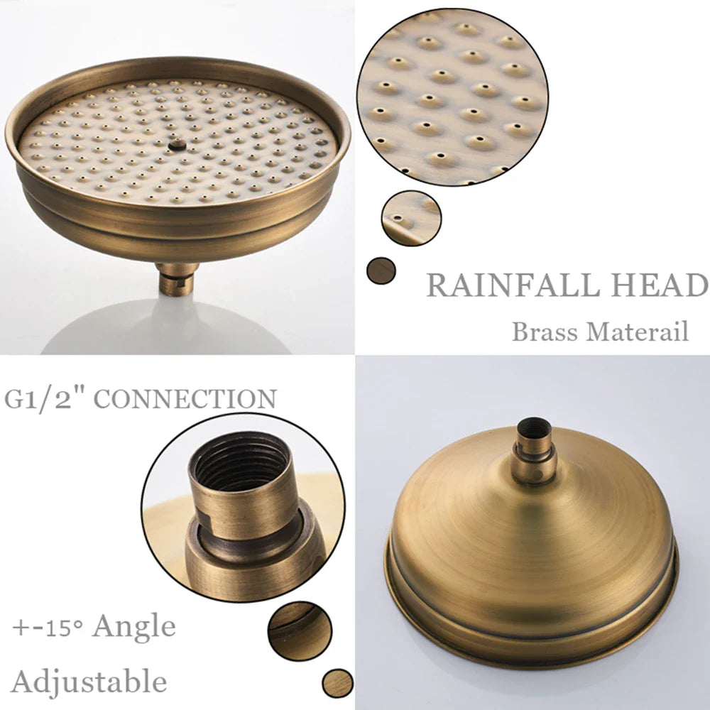 Antique brass rainfall shower head with textured perforated surface and g1/2 threaded connection for bathroom use
