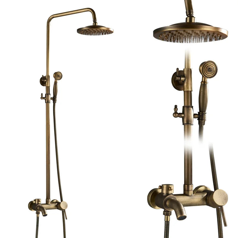 Brass-finished vintage-style shower system with tall overhead rainhead and separate handheld spray head for bathroom use