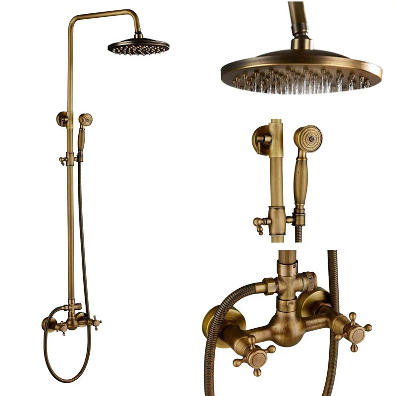 Antique brass-finished POIQIHY shower system with overhead rainhead handheld spray and wall-mounted mixer valve