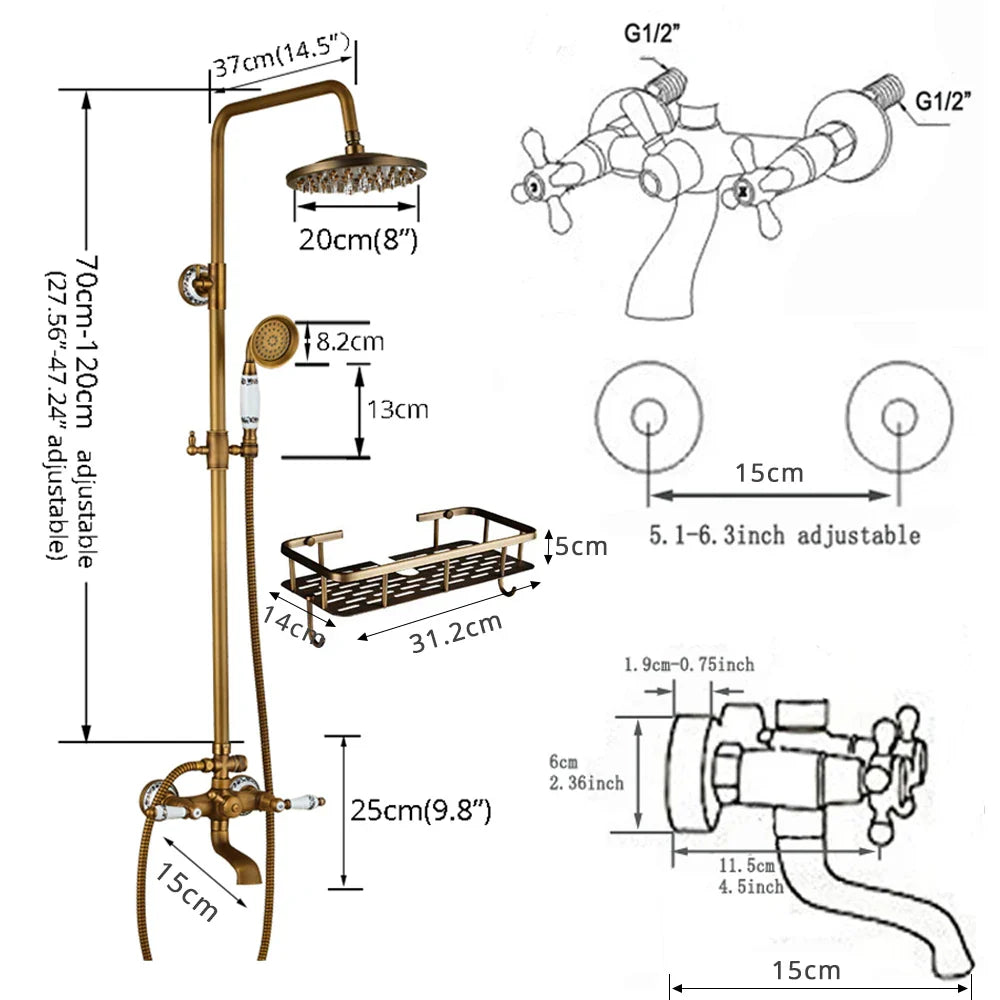 Brass-finished vintage-style shower system with adjustable rainhead and handheld spray featuring wall faucet assembly