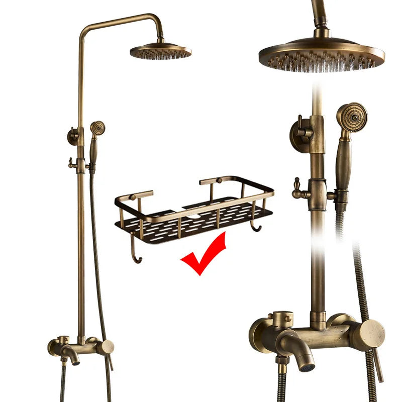 Brass-finished shower caddy with black perforated metal tray and curved hooks from poiqihy antique shower set