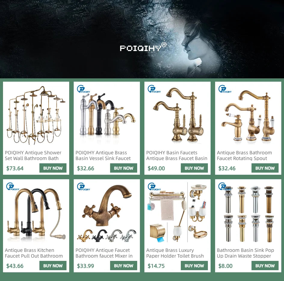 Antique brass bathroom faucet with classic curved spout and ornate detailing from Poiqihy shower set