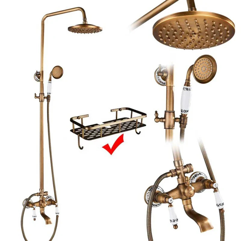 Brass showerhead with multiple spray nozzles and matching handheld attachment in poiqihy antique rainfall shower set