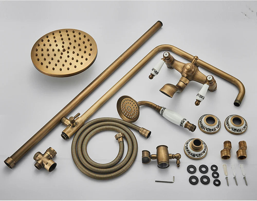 Antique brass POIQIHY bathroom shower set with round rainhead handheld sprayer and decorative ceramic knobs