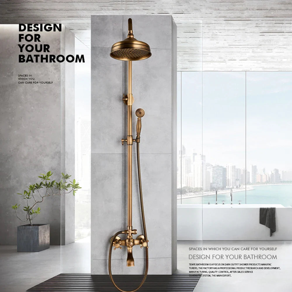 Brass-finished antique shower system with round rainhead handheld nozzle and sliding bar for bathroom use