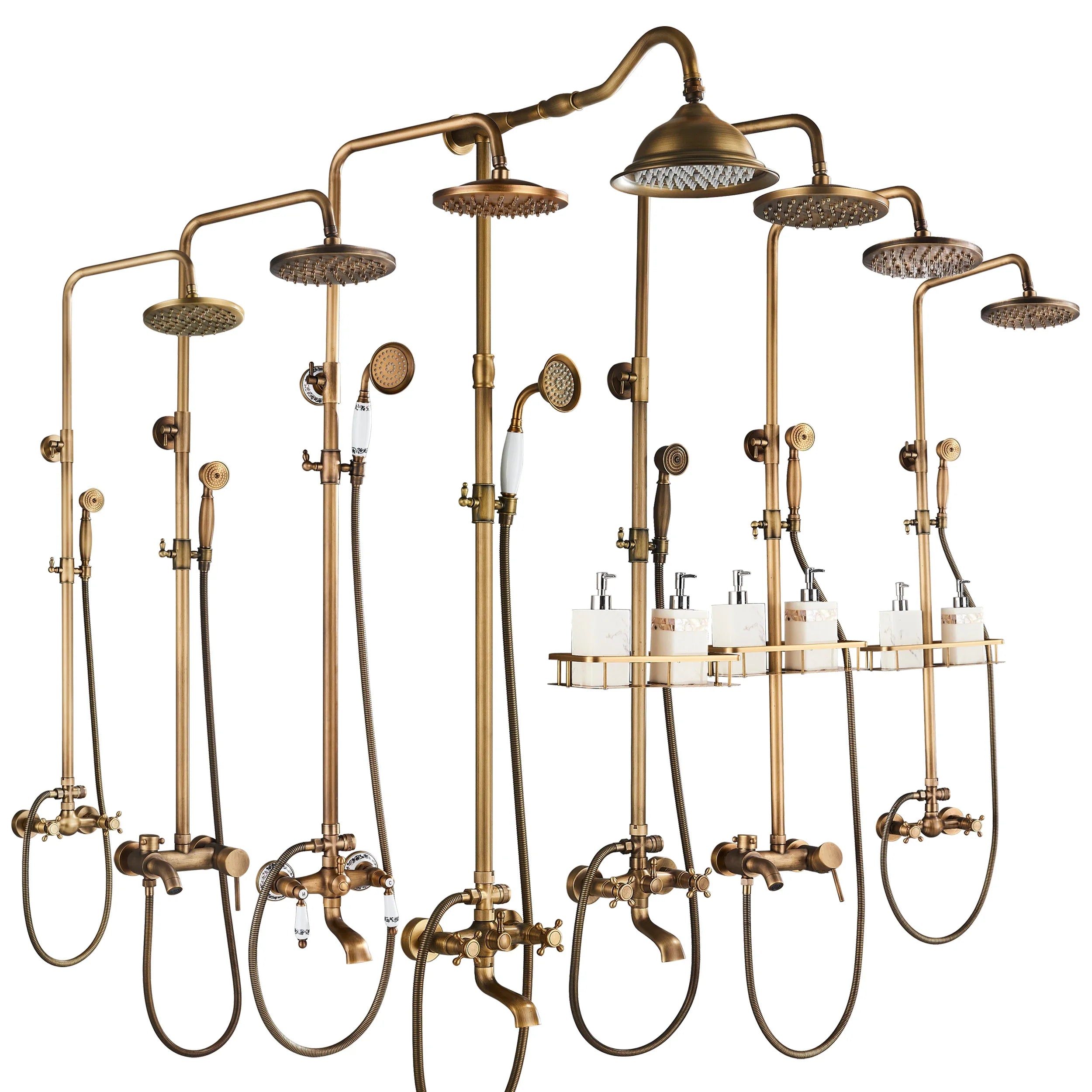 Antique brass finished POIQIHY shower system with multiple rainheads handheld sprayers and integrated soap dish shelves