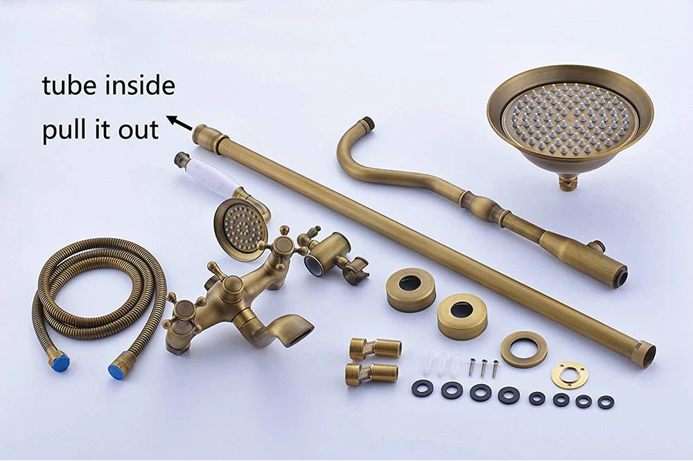 Antique brass bathtub shower faucet set with matching rainhead handheld sprayer in poiqihy sliding bar system
