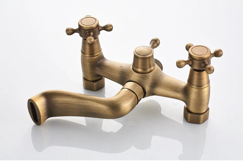 Antique brass-colored bridge-style bathtub faucet with cross-handle knobs and curved spout in POIQIHY shower set