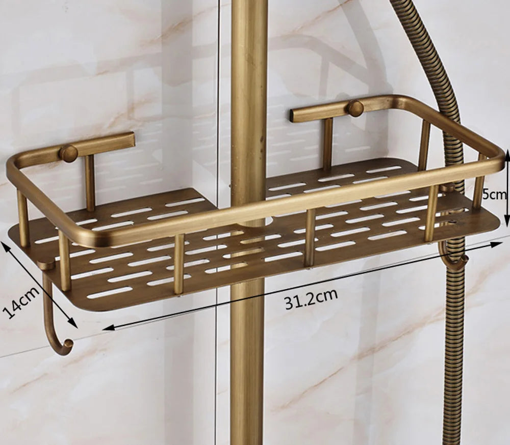 Brass-colored metal shower caddy with perforated tray and curved hooks for poiqihy antique shower set system