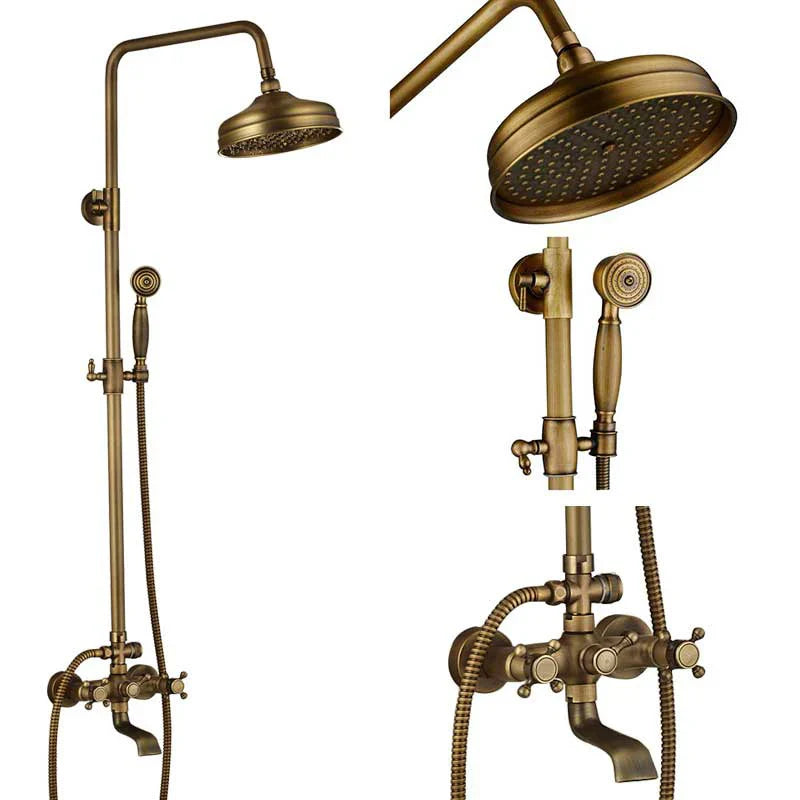 Antique brass-finished POIQIHY shower system with rainhead, handheld spray, and wall-mounted control valve assembly